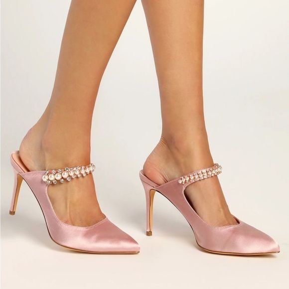 Lulus Sephoraa Rose Gold Satin Pearl Pointed-Toe Mule Pumps - Picture 1 of 8